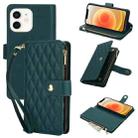 For iPhone 12 / 12 Pro YM016 Rhombic Zipper Card Wallet Leather Phone Case with Lanyard(Green) - 1