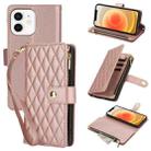 For iPhone 12 / 12 Pro YM016 Rhombic Zipper Card Wallet Leather Phone Case with Lanyard(Rose Gold) - 1