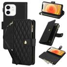 For iPhone 12 / 12 Pro YM016 Rhombic Zipper Card Wallet Leather Phone Case with Lanyard(Black) - 1