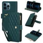 For iPhone 12 Pro Max YM016 Rhombic Zipper Card Wallet Leather Phone Case with Lanyard(Green) - 1