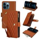 For iPhone 12 Pro Max YM016 Rhombic Zipper Card Wallet Leather Phone Case with Lanyard(Brown) - 1