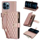 For iPhone 12 Pro Max YM016 Rhombic Zipper Card Wallet Leather Phone Case with Lanyard(Rose Gold) - 1