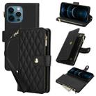 For iPhone 12 Pro Max YM016 Rhombic Zipper Card Wallet Leather Phone Case with Lanyard(Black) - 1