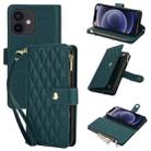 For iPhone 12 mini YM016 Rhombic Zipper Card Wallet Leather Phone Case with Lanyard(Green) - 1