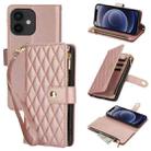 For iPhone 12 mini YM016 Rhombic Zipper Card Wallet Leather Phone Case with Lanyard(Rose Gold) - 1