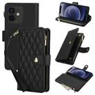 For iPhone 12 mini YM016 Rhombic Zipper Card Wallet Leather Phone Case with Lanyard(Black) - 1