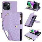 For iPhone 14 Plus YM016 Rhombic Zipper Card Wallet Leather Phone Case with Lanyard(Light Purple) - 1