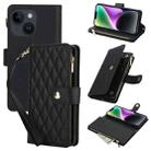 For iPhone 14 Plus YM016 Rhombic Zipper Card Wallet Leather Phone Case with Lanyard(Black) - 1