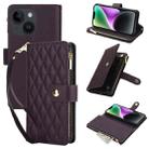 For iPhone 13 YM016 Rhombic Zipper Card Wallet Leather Phone Case with Lanyard(Dark Purple) - 1