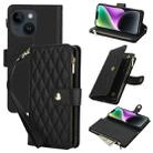 For iPhone 13 YM016 Rhombic Zipper Card Wallet Leather Phone Case with Lanyard(Black) - 1