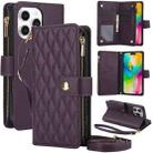 For iPhone 16 Pro YM016 Rhombic Zipper Card Wallet Leather Phone Case with Lanyard(Dark Purple) - 1