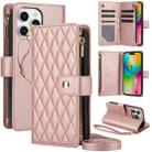 For iPhone 16 Pro YM016 Rhombic Zipper Card Wallet Leather Phone Case with Lanyard(Rose Gold) - 1
