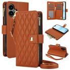 For iPhone 16 Plus YM016 Rhombic Zipper Card Wallet Leather Phone Case with Lanyard(Brown) - 1