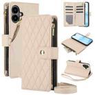 For iPhone 16 Plus YM016 Rhombic Zipper Card Wallet Leather Phone Case with Lanyard(Apricot) - 1