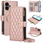 For iPhone 16 YM016 Rhombic Zipper Card Wallet Leather Phone Case with Lanyard(Rose Gold) - 1