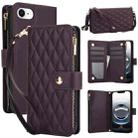 For iPhone 16e YM016 Rhombic Zipper Card Wallet Leather Phone Case with Lanyard(Dark Purple) - 1