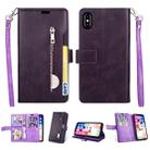 For iPhone X / XS Multifunctional Zipper Horizontal Flip Leather Case with Holder & Wallet & 9 Card Slots & Lanyard(Purple) - 1