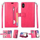 For iPhone X / XS Multifunctional Zipper Horizontal Flip Leather Case with Holder & Wallet & 9 Card Slots & Lanyard(Rose Red) - 1