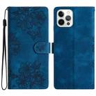 For iPhone 15 Pro Max Cherry Blossom Butterfly Skin Feel Embossed PU Phone Case(Blue) - 1