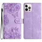 For iPhone 15 Pro Cherry Blossom Butterfly Skin Feel Embossed PU Phone Case(Purple) - 1