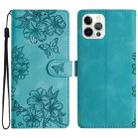 For iPhone 15 Pro Cherry Blossom Butterfly Skin Feel Embossed PU Phone Case(Green) - 1