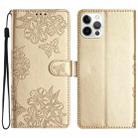 For iPhone 15 Pro Cherry Blossom Butterfly Skin Feel Embossed PU Phone Case(Gold) - 1