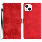 For iPhone 15 Plus Cherry Blossom Butterfly Skin Feel Embossed PU Phone Case(Red) - 1