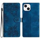 For iPhone 15 Plus Cherry Blossom Butterfly Skin Feel Embossed PU Phone Case(Blue) - 1