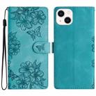 For iPhone 15 Plus Cherry Blossom Butterfly Skin Feel Embossed PU Phone Case(Green) - 1