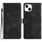 For iPhone 15 Plus Cherry Blossom Butterfly Skin Feel Embossed PU Phone Case(Black) - 1