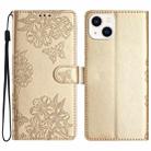 For iPhone 15 Plus Cherry Blossom Butterfly Skin Feel Embossed PU Phone Case(Gold) - 1