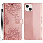 For iPhone 15 Plus Cherry Blossom Butterfly Skin Feel Embossed PU Phone Case(Rose Gold) - 1