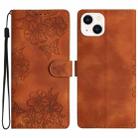 For iPhone 15 Cherry Blossom Butterfly Skin Feel Embossed PU Phone Case(Brown) - 1