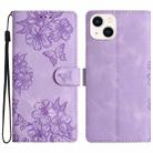 For iPhone 14 Plus Cherry Blossom Butterfly Skin Feel Embossed PU Phone Case(Purple) - 1