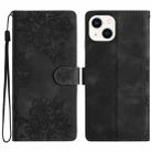 For iPhone 14 Plus Cherry Blossom Butterfly Skin Feel Embossed PU Phone Case(Black) - 1