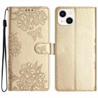 For iPhone 14 Plus Cherry Blossom Butterfly Skin Feel Embossed PU Phone Case(Gold) - 1