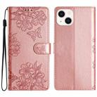 For iPhone 14 Plus Cherry Blossom Butterfly Skin Feel Embossed PU Phone Case(Rose Gold) - 1