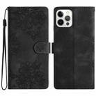 For iPhone 14 Pro Cherry Blossom Butterfly Skin Feel Embossed PU Phone Case(Black) - 1