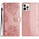 For iPhone 14 Pro Cherry Blossom Butterfly Skin Feel Embossed PU Phone Case(Rose Gold) - 1