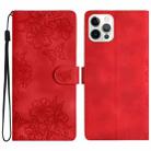 For iPhone 14 Pro Max Cherry Blossom Butterfly Skin Feel Embossed PU Phone Case(Red) - 1