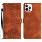 For iPhone 14 Pro Max Cherry Blossom Butterfly Skin Feel Embossed PU Phone Case(Brown) - 1