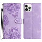 For iPhone 13 Pro Cherry Blossom Butterfly Skin Feel Embossed PU Phone Case(Purple) - 1