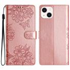 For iPhone 13 Cherry Blossom Butterfly Skin Feel Embossed PU Phone Case(Rose Gold) - 1