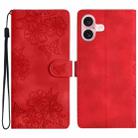 For iPhone 16 Cherry Blossom Butterfly Skin Feel Embossed PU Phone Case(Red) - 1