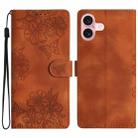 For iPhone 16 Cherry Blossom Butterfly Skin Feel Embossed PU Phone Case(Brown) - 1