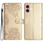 For iPhone 16 Cherry Blossom Butterfly Skin Feel Embossed PU Phone Case(Gold) - 1
