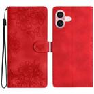 For iPhone 16 Plus Cherry Blossom Butterfly Skin Feel Embossed PU Phone Case(Red) - 1