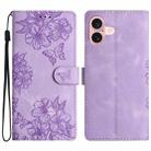 For iPhone 16 Plus Cherry Blossom Butterfly Skin Feel Embossed PU Phone Case(Purple) - 1