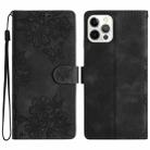 For iPhone 16 Pro Cherry Blossom Butterfly Skin Feel Embossed PU Phone Case(Black) - 1