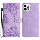 For iPhone 16 Pro Max Cherry Blossom Butterfly Skin Feel Embossed PU Phone Case(Purple) - 1